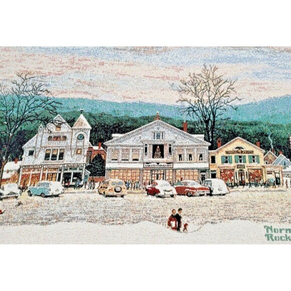 VTG Norman Rockwell Tapestry Throw Blanket Stockbridge Main Street at Christmas - Picture 1 of 10